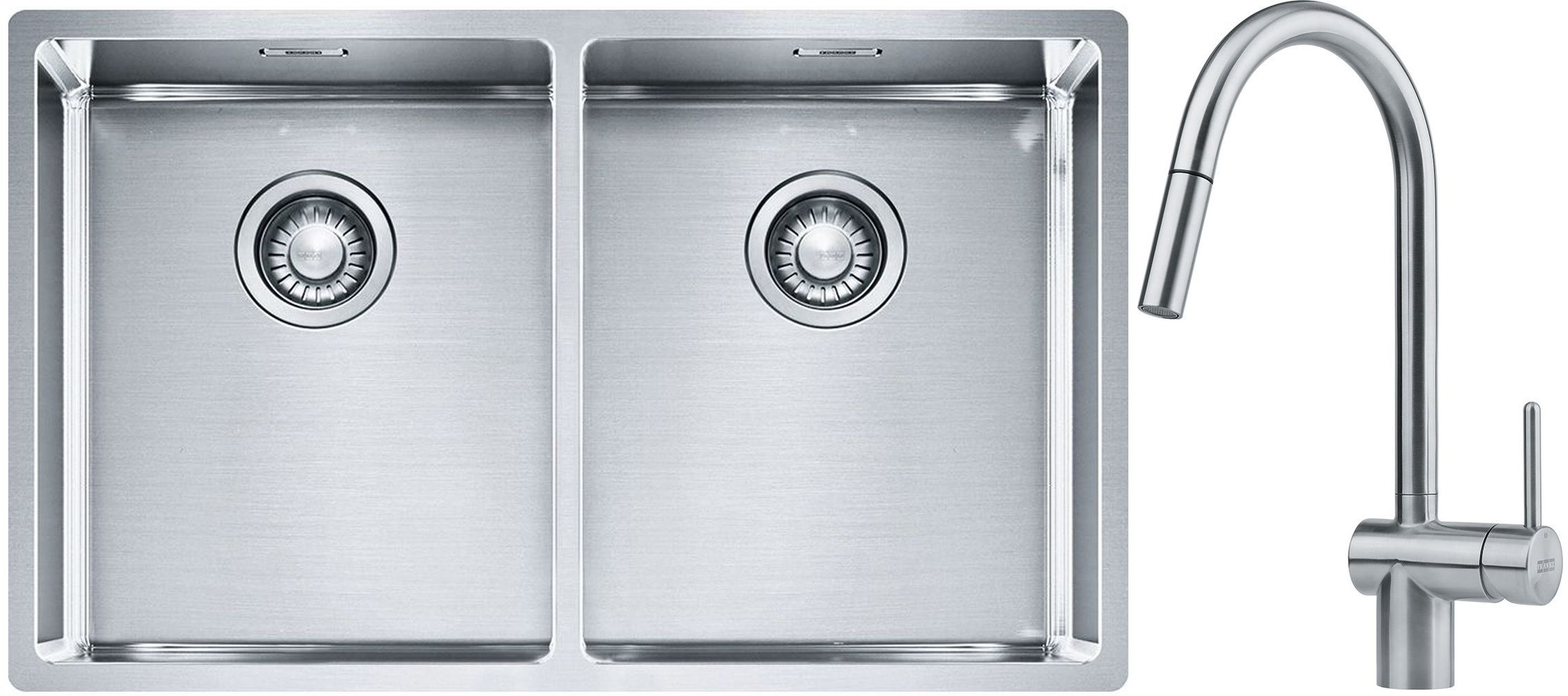 Set lavello in acciaio Franke Box 127.0370.188, rubinetto da cucina Franke Atlas 115.0590.047
