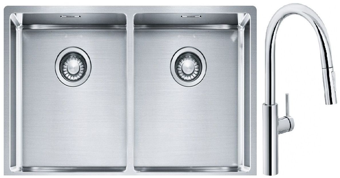 Set lavello in acciaio Franke Box 127.0370.188, rubinetto da cucina Franke Pescara L Slide-In 115.0538.940