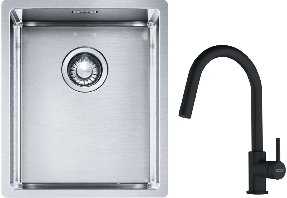 Set lavello in acciaio Franke Box 127.0453.653, rubinetto da cucina Franke Lina 115.0626.053