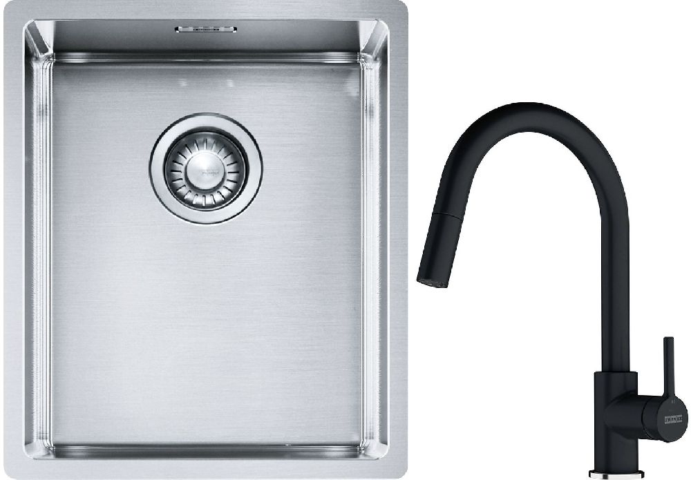 Set lavello in acciaio Franke Box 127.0453.653, rubinetto da cucina Franke Lina 115.0626.055
