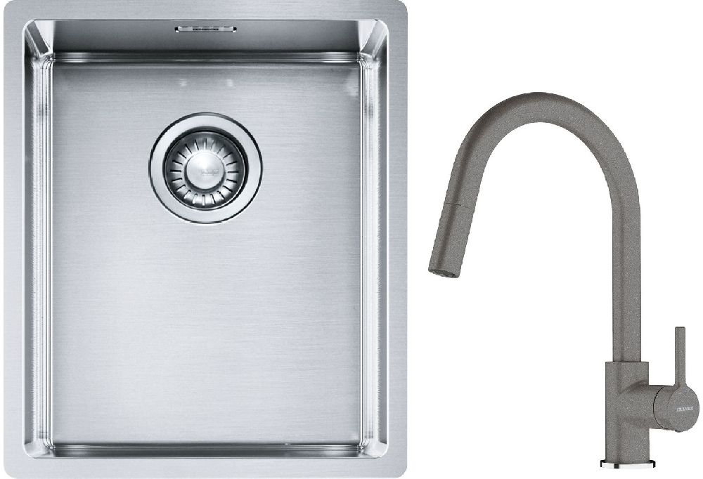 Set lavello in acciaio Franke Box 127.0453.653, rubinetto da cucina Franke Lina 115.0626.057