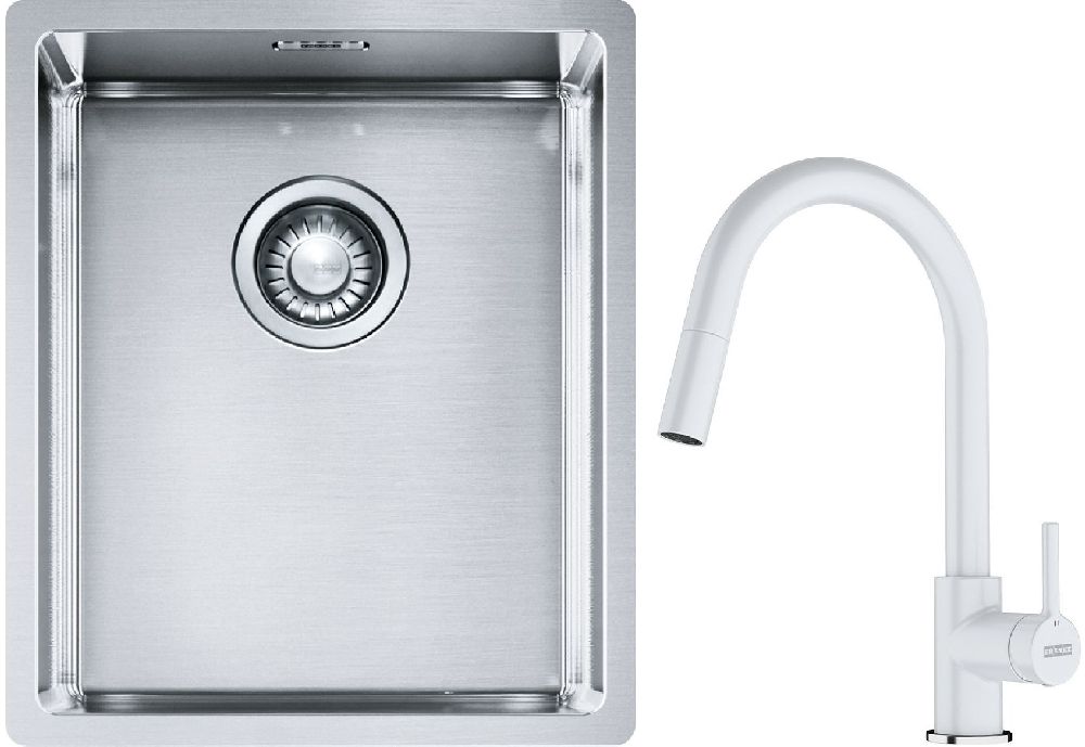 Set lavello in acciaio Franke Box 127.0453.653, rubinetto da cucina Franke Lina 115.0626.081