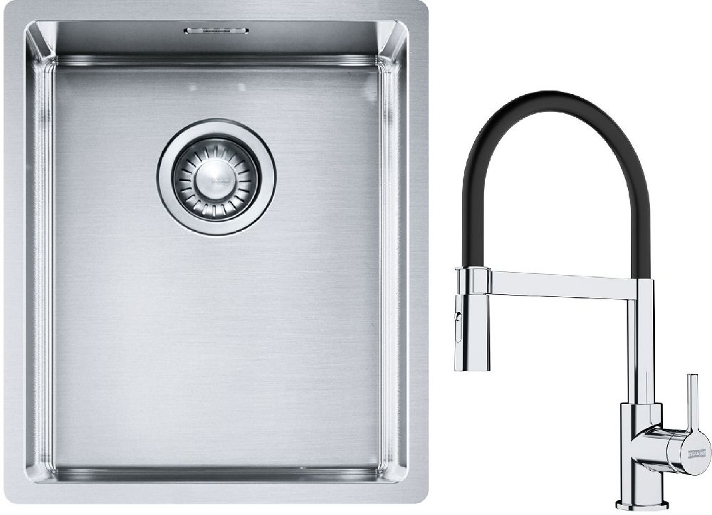 Set lavello in acciaio Franke Box 127.0453.653, rubinetto da cucina Franke Lina 115.0626.085