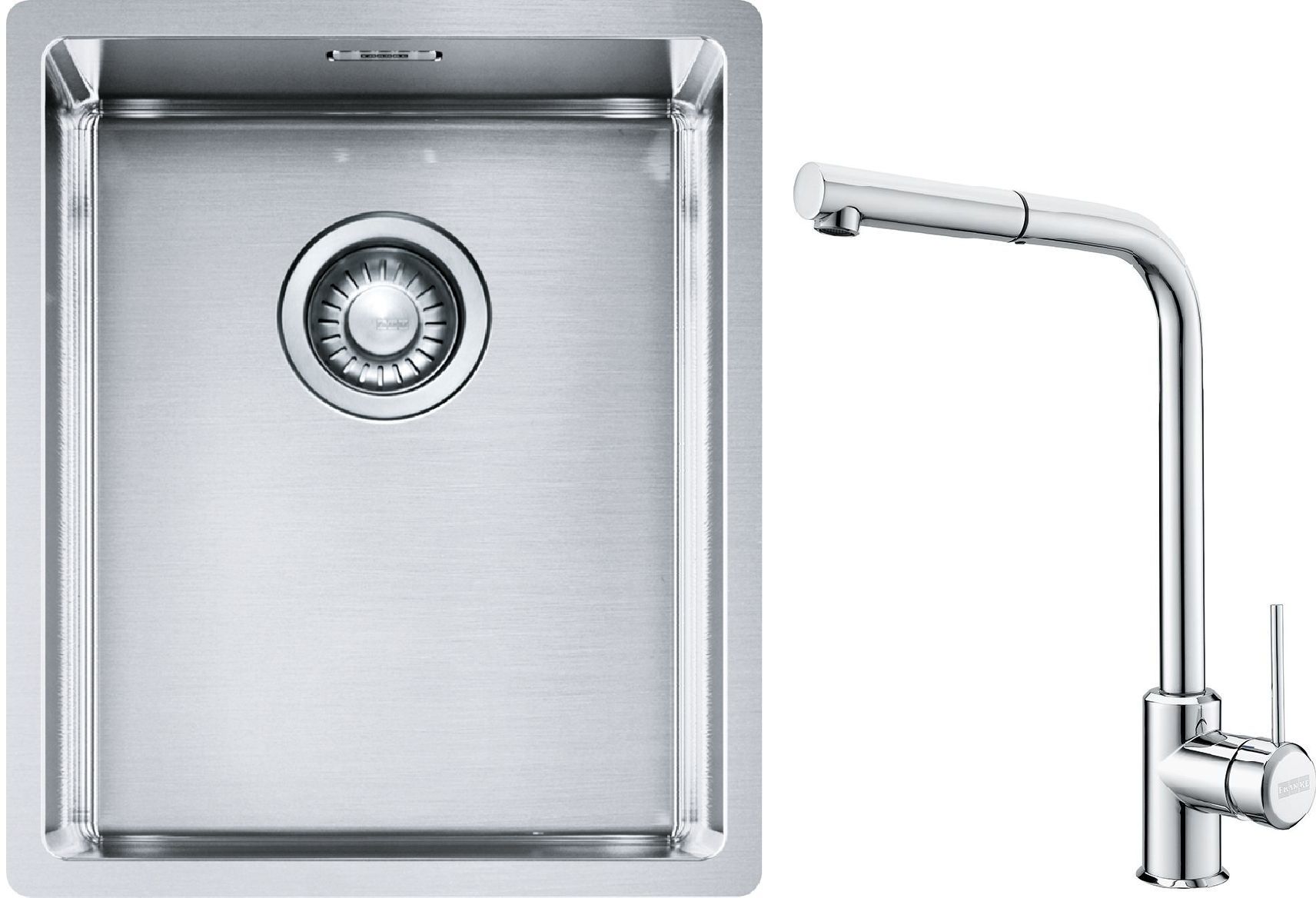 Set lavello in acciaio Franke Box 127.0453.653, rubinetto da cucina Franke Sirius Side 115.0668.280