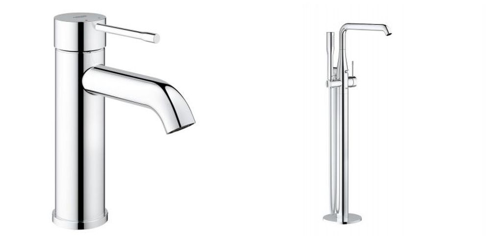 Set rubinetto per vasca e doccia Grohe Essence 23491001, elemento di montaggio a pavimento Grohe 45984001, 23590001