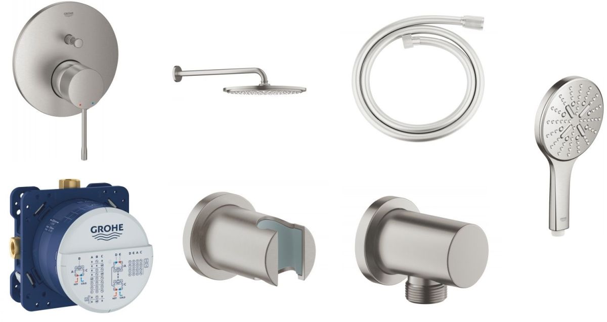 Set soffione doccia Grohe Rainshower 26066DC0, rubinetto per vasca e doccia Grohe Essence 24058DC1, 26574DC0, 27057DC0, 35600000, 27074DC0, 28362DC0