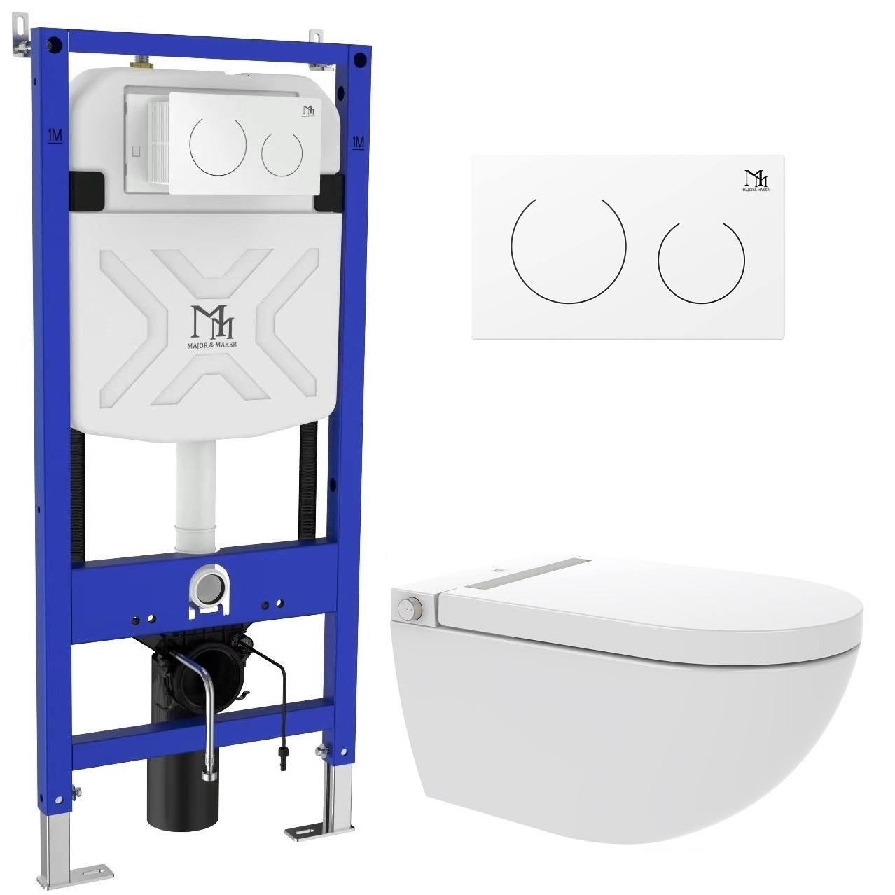 Major&Maker Royal + Coral White vaso con sedile bidet, modulo di installazione e placca di comando sospeso senza brida bianco I65S200302W