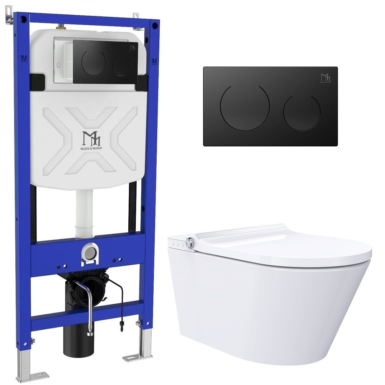 Major&Maker Classic + Coral Black vaso con sedile bidet, modulo di installazione e placca di comando sospeso senza brida bianco 4050FWS200302B