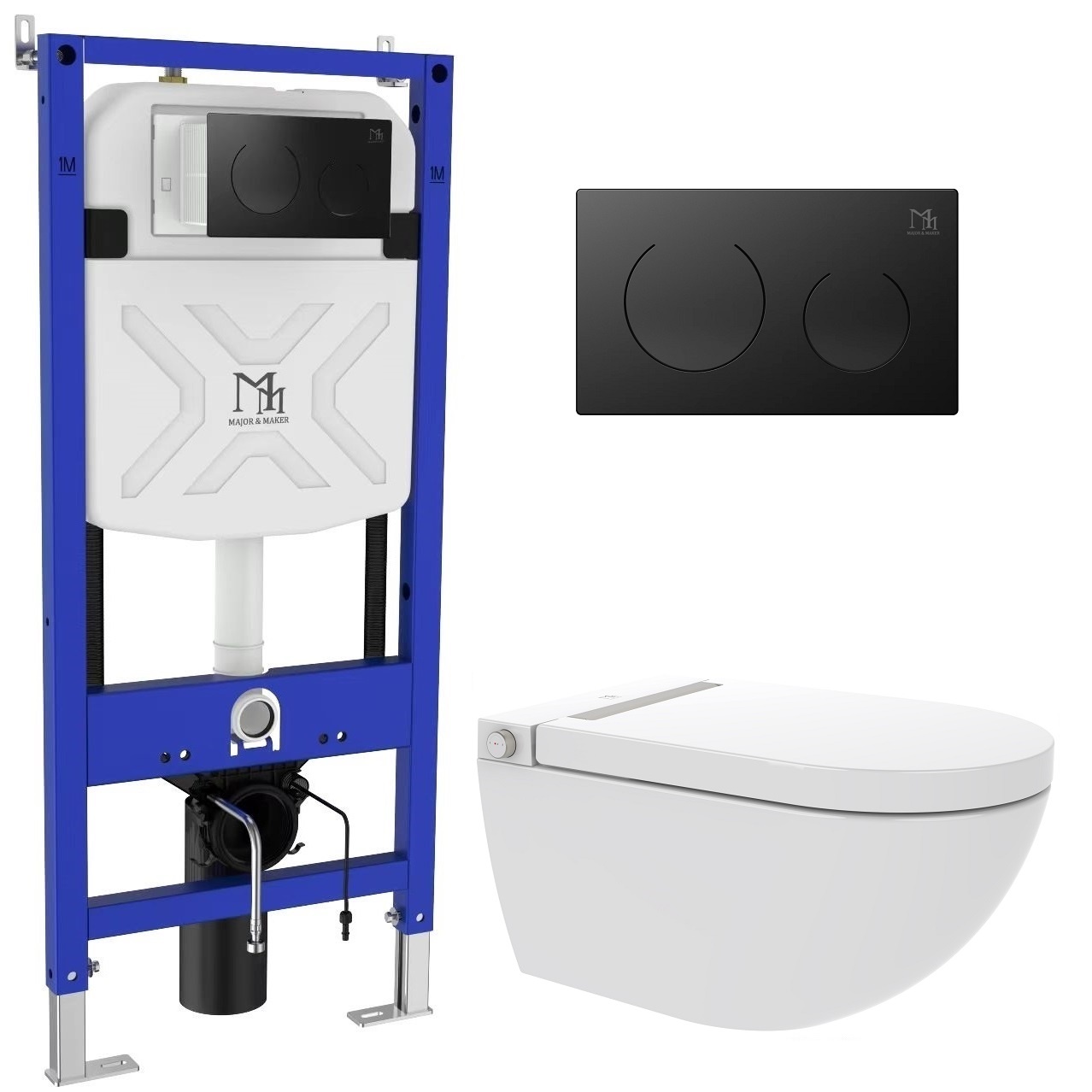 Major&Maker Royal + Coral Black vaso con sedile bidet, modulo di installazione e placca di comando sospeso senza brida bianco I65S200302B