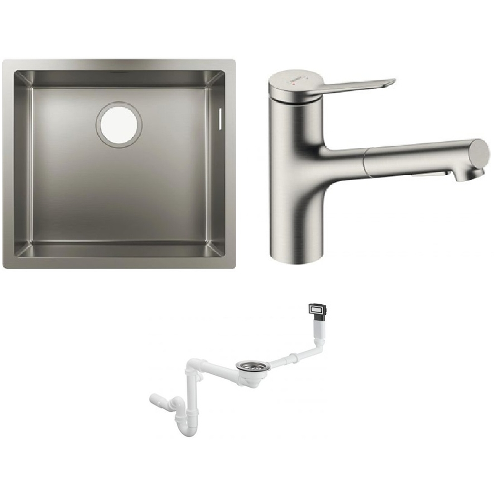 Set lavello in acciaio Hansgrohe S 71 43427800, rubinetto da cucina Hansgrohe Zesis M33 74800800, 43921800