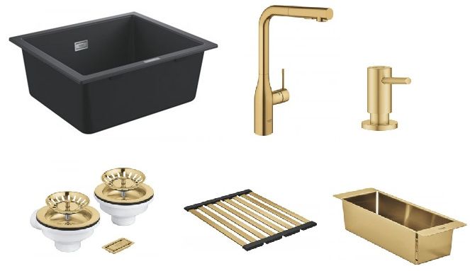Set rubinetto da cucina Grohe Essence 30270GN0, lavello in granito Grohe K700 31654AP0, 40852GN0, 40856GN0, 40535GN0, 40997GN0