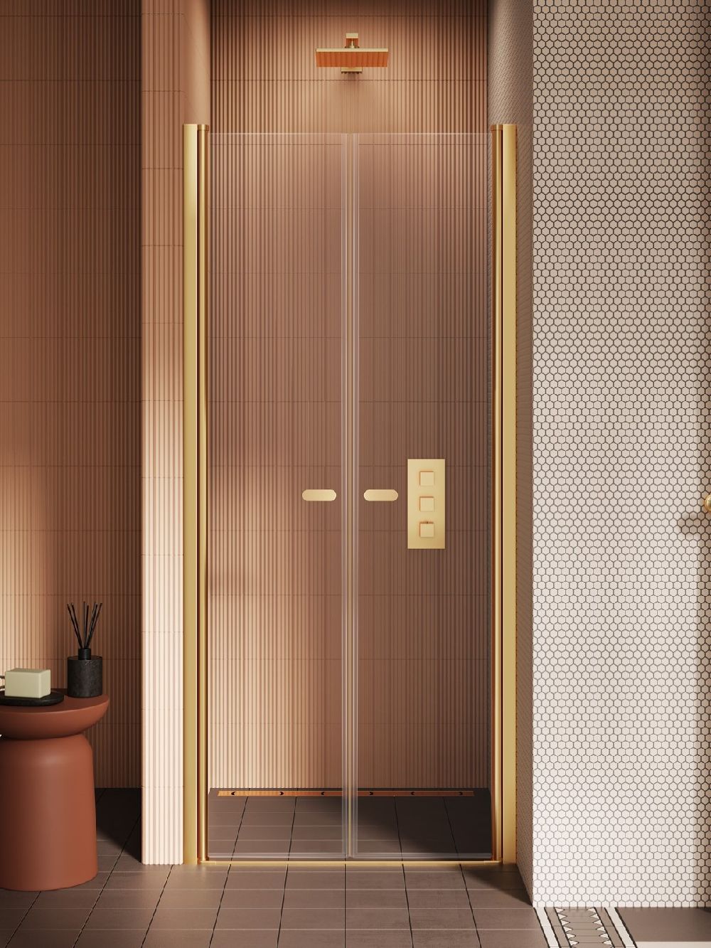 New Trendy New Soleo porta doccia 90 cm a battente oro spazzolata/vetro trasparente D-0745A