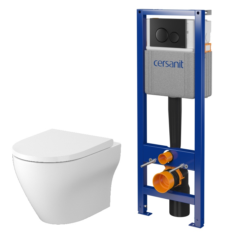 Set vaso WC con copriwater a discesa lenta Cersanit Larga S701-885, set modulo di installazione con placca di comando Cersanit S701-779