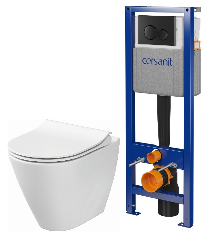 Set vaso WC con copriwater a discesa lenta Cersanit City K701-104, set modulo di installazione con placca di comando Cersanit S701-779