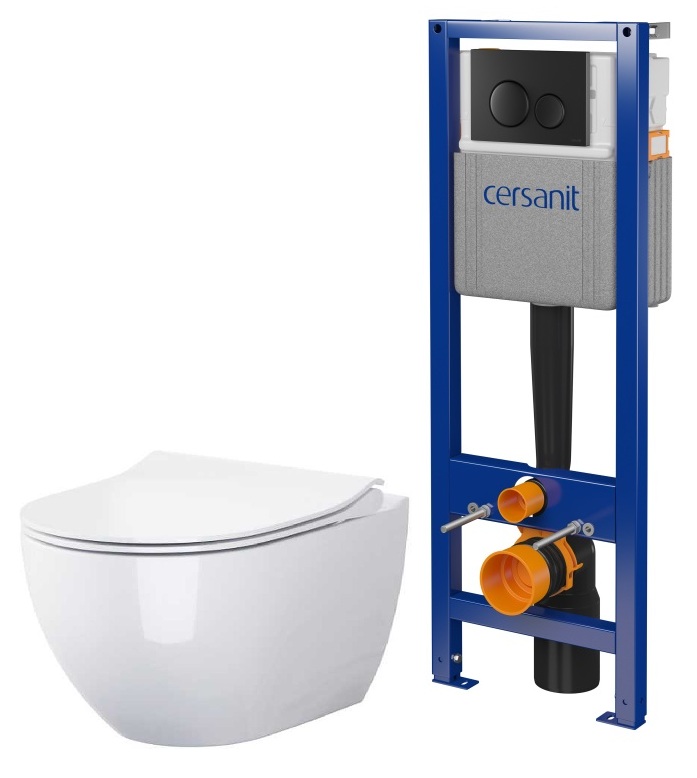 Set vaso WC con copriwater a discesa lenta Cersanit Zen S701-428, set modulo di installazione con placca di comando Cersanit S701-779