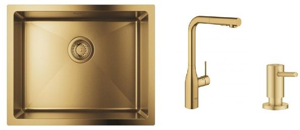 Set rubinetto da cucina Grohe Essence 30270GN0, lavello in acciaio Grohe K700 31574GN1, 40535GN0