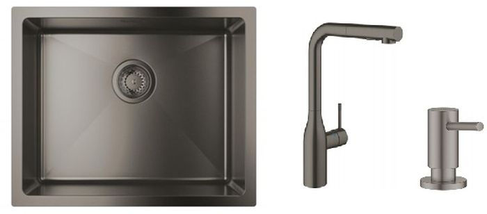 Set rubinetto da cucina Grohe Essence 30270AL0, lavello in acciaio Grohe K700U 31574AL1, 40535AL0