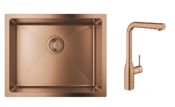 Set lavello in acciaio Grohe K700U 31574DL1, rubinetto da cucina Grohe Essence 30270DL0