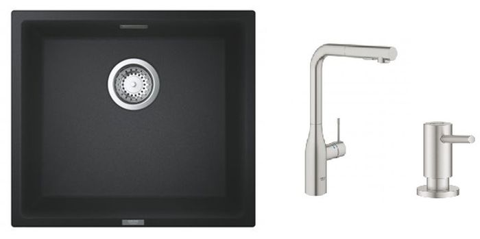 Set rubinetto da cucina Grohe Essence 30270DC0, lavello in granito Grohe K700 31653AP0, 40535DC0
