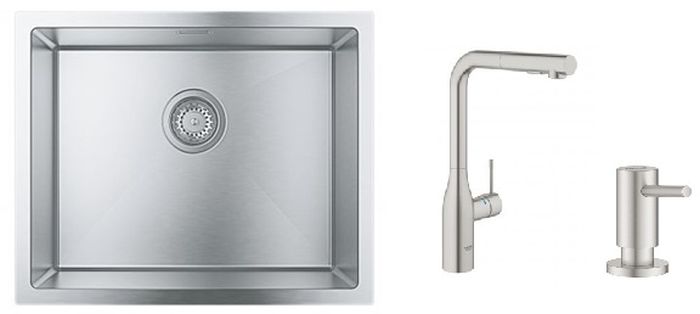 Set rubinetto da cucina Grohe Essence 30270DC0, lavello in acciaio Grohe K700 31726SD0, 40535DC0