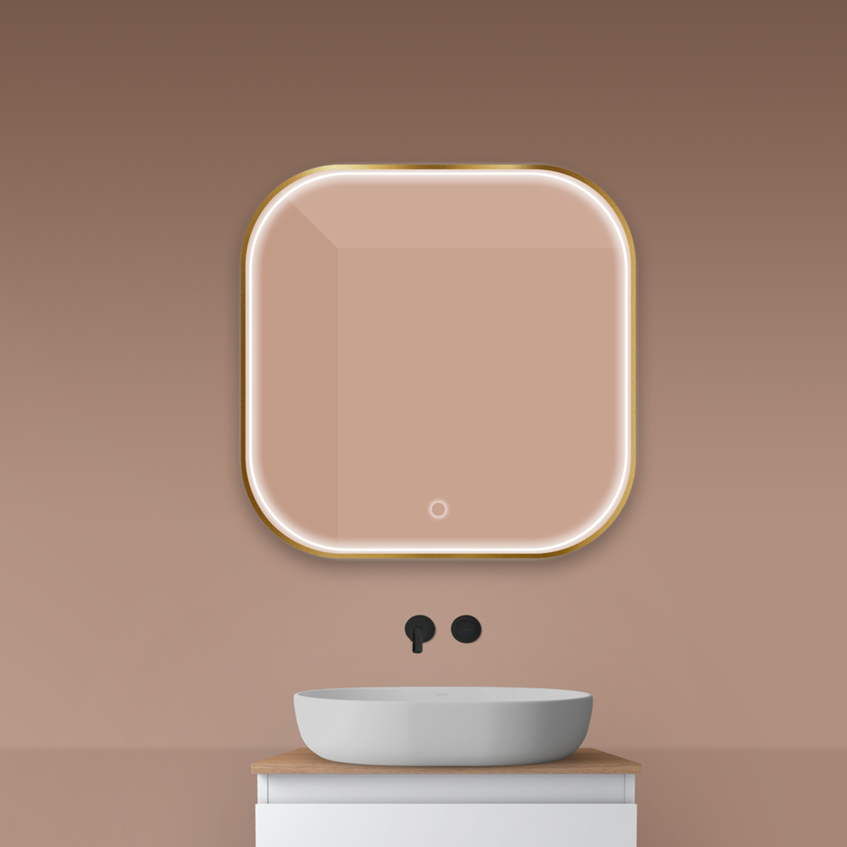 Oltens Nordlis specchio 80x80 cm quadrata con illuminazione con tappetino riscaldante oro 64122810