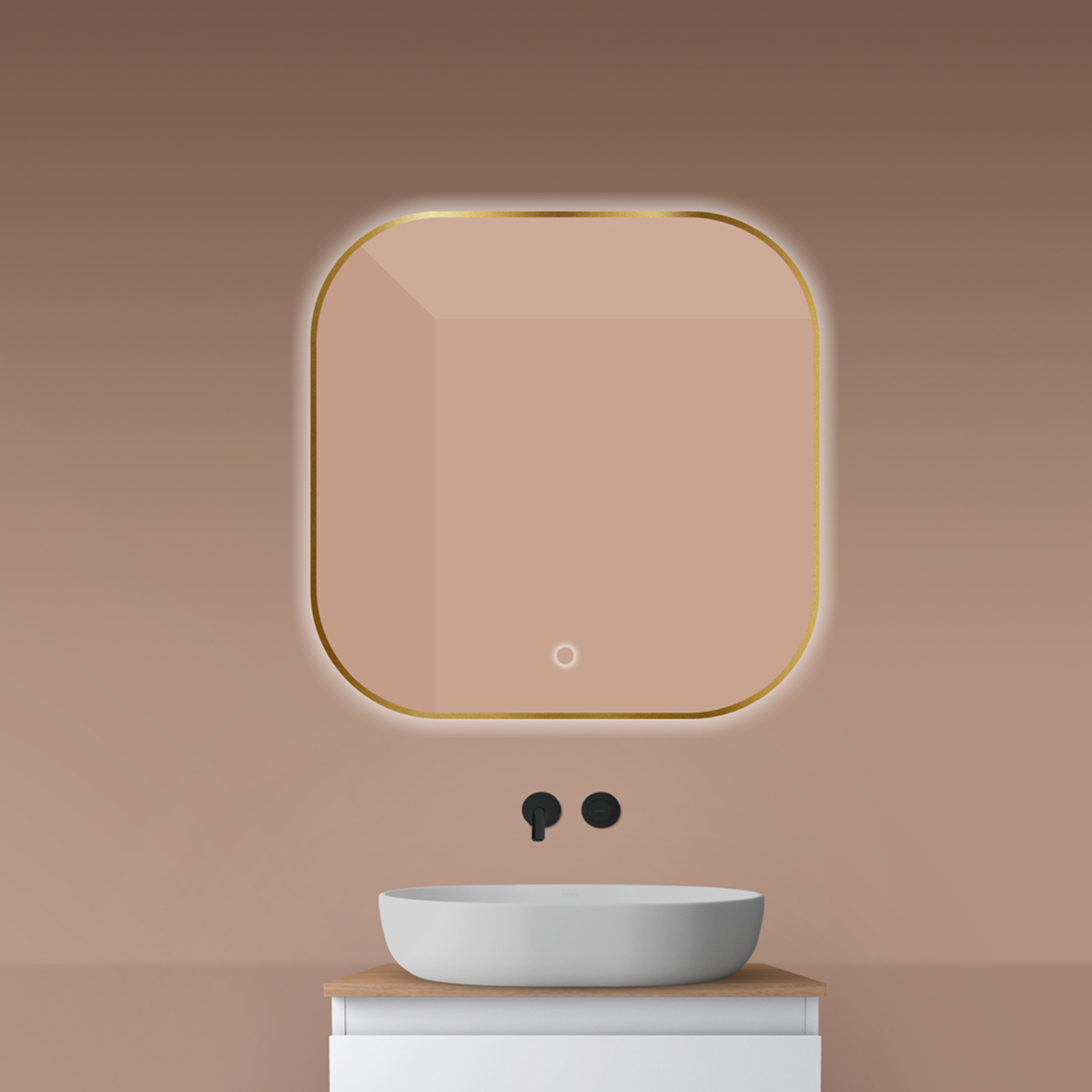Oltens Nordlis specchio 80x80 cm quadrata con illuminazione con tappetino riscaldante oro 64125810