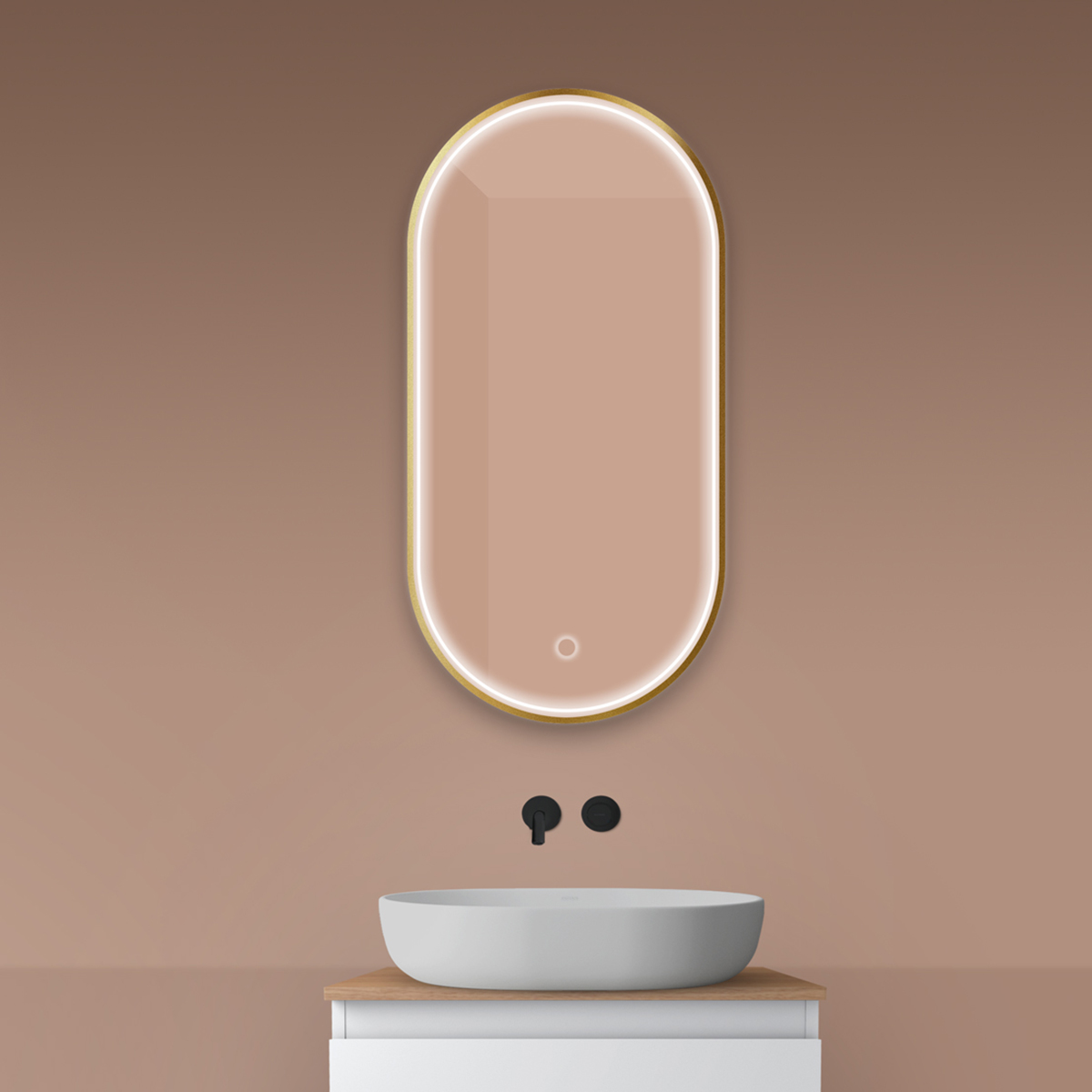 Oltens Nordlis specchio 50x100 cm ovale con illuminazione con tappetino riscaldante oro 64128810