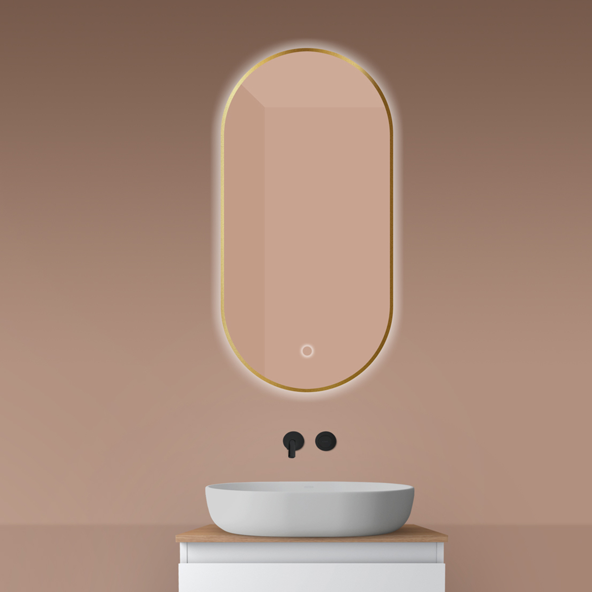 Oltens Nordlis specchio 50x100 cm ovale con illuminazione con tappetino riscaldante oro 64129810