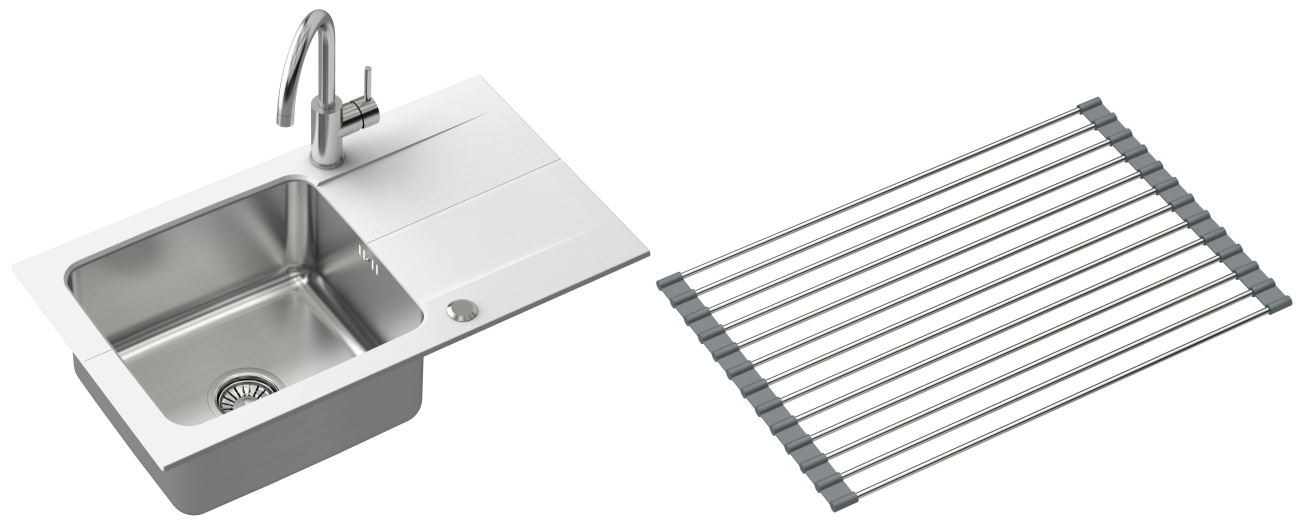 Set lavello in granito e acciaio Quadron Edward FUS_E7844BI_3623500BS, inserto gocciolatoio Quadron Q R3825GR_MP