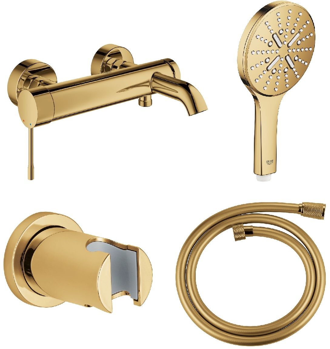 Set rubinetto per vasca e doccia Grohe Essence 33624GL1, doccetta Grohe Rainshower 26574GL0, 27074GL0, 28362GL1