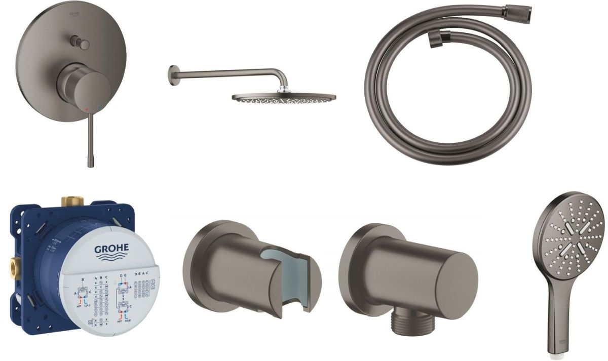 Set soffione doccia con braccio Grohe Rainshower 26066AL0, rubinetto per vasca e doccia Grohe Essence 24058AL1, 26574AL0, 27057AL0, 35600000, 27074AL0, 28362A01