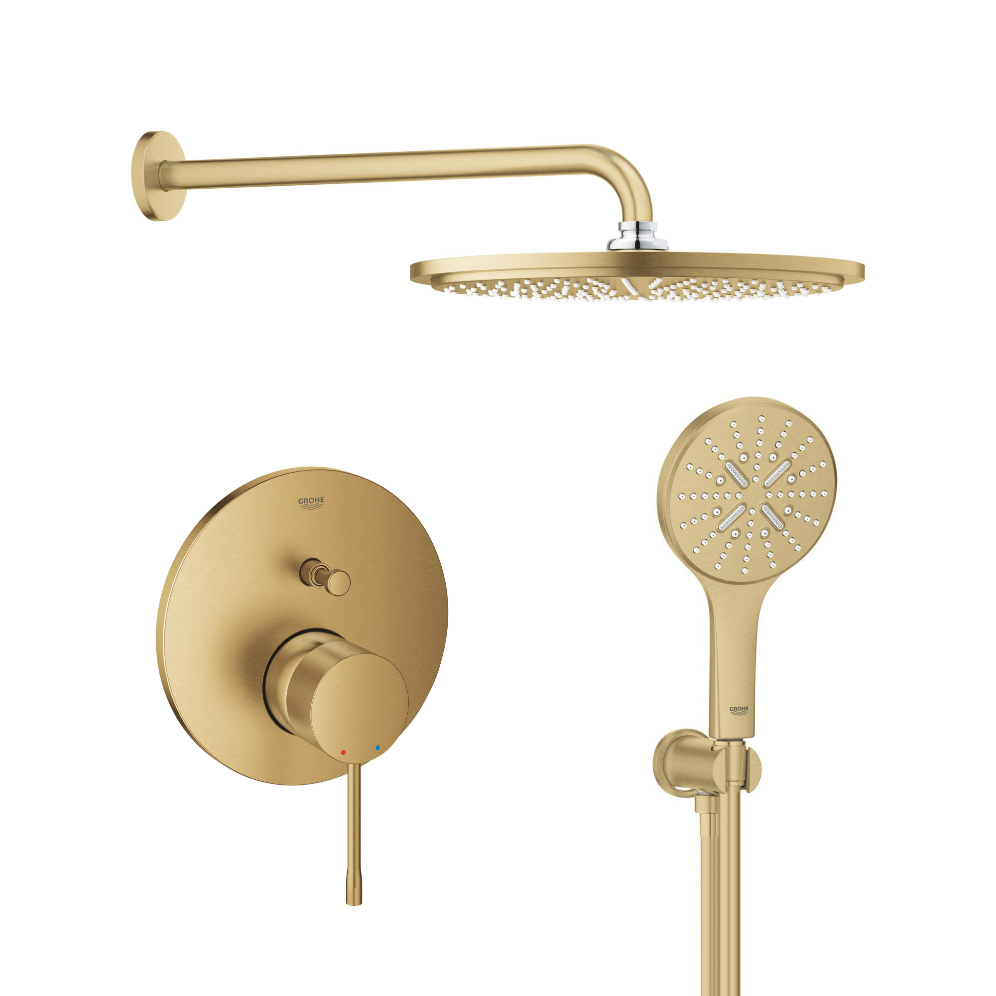 Set soffione doccia con braccio Grohe Rainshower 26066GN0, rubinetto per vasca e doccia Grohe Essence 24058GN1, 26574GN0, 26658GL0, 28362GL1