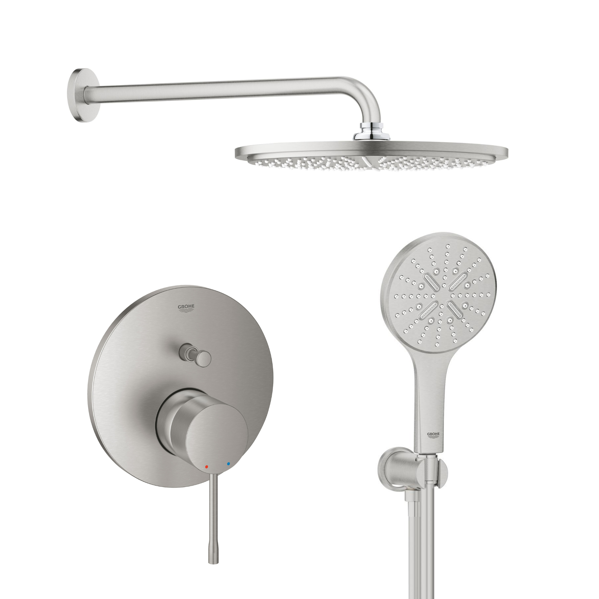 Set soffione doccia Grohe Rainshower 26066DC0, rubinetto per vasca e doccia Grohe Essence 24058DC1, 26574DC0, 26658DC0, 28362DC1