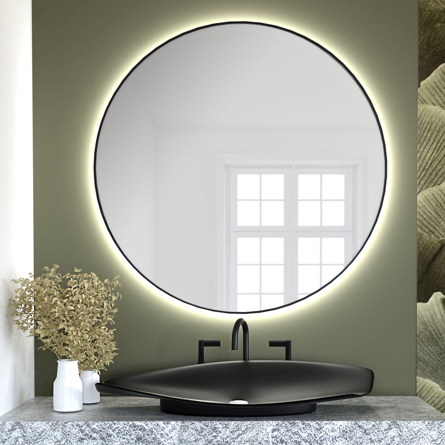 Baltica Design Tiny Border Bright specchio 90x90 cm rotonda con illuminazione con tappetino riscaldante nero 5904107911601