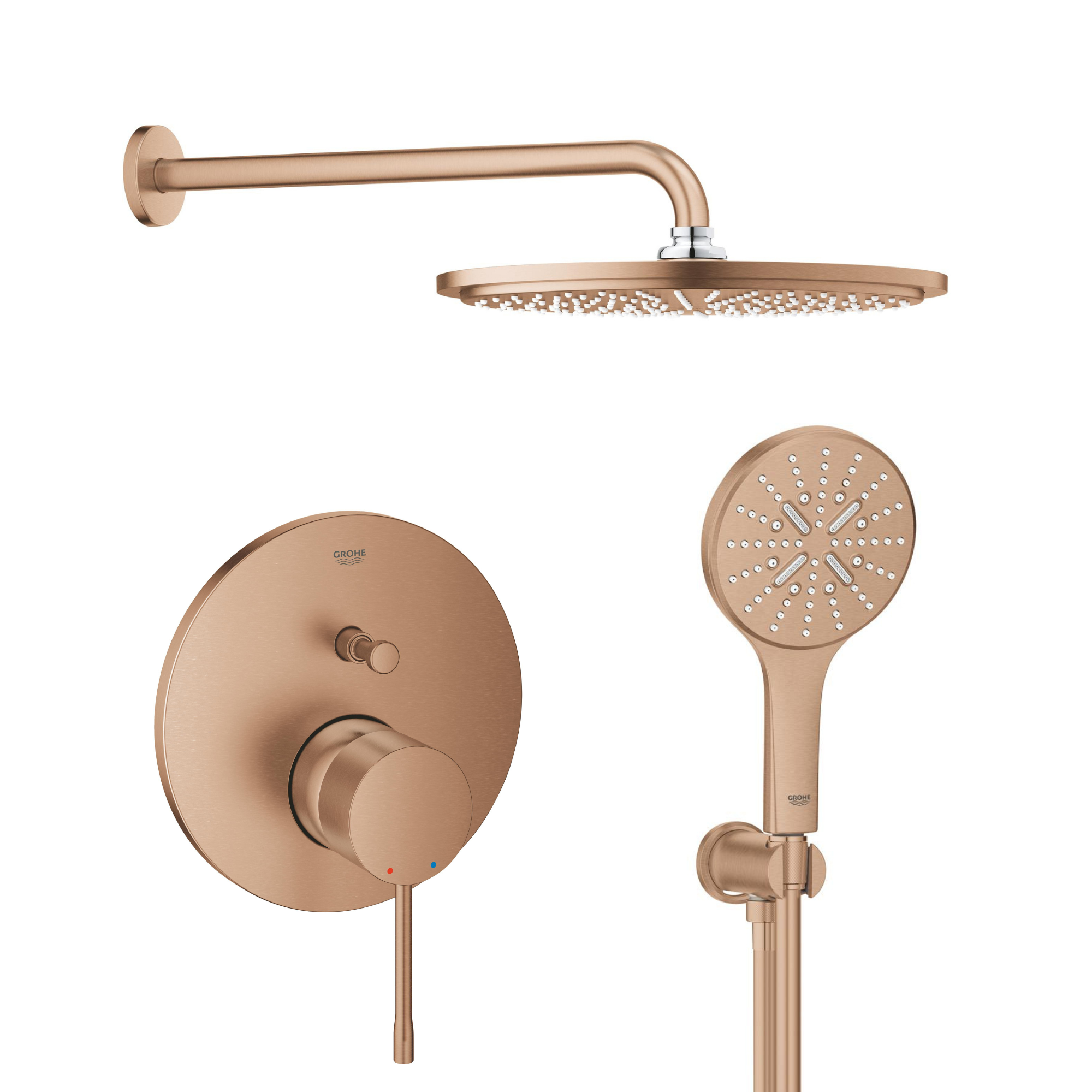 Set soffione doccia con braccio Grohe Rainshower 26066DL0, rubinetto per vasca e doccia Grohe Essence 24058DL1, 26574DL0, 26658DL0, 28388DA1