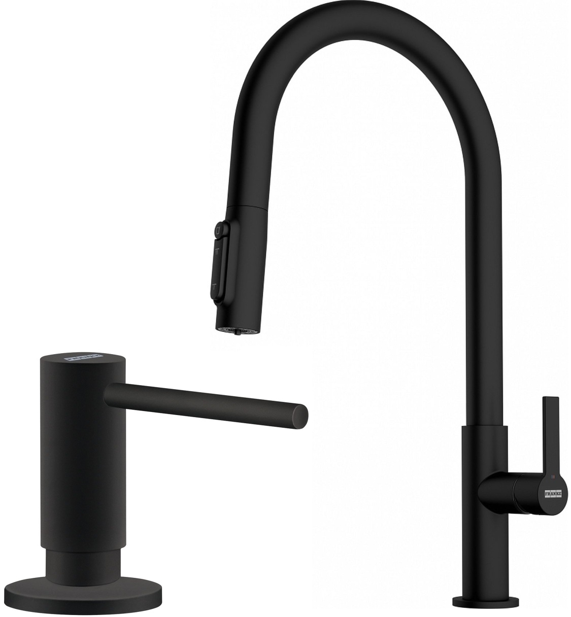 Set rubinetto da cucina Franke Maris Slim Clear Water J Pull-Out 120.0730.911, dispenser di liquidi Franke Active SM 119.0547.906