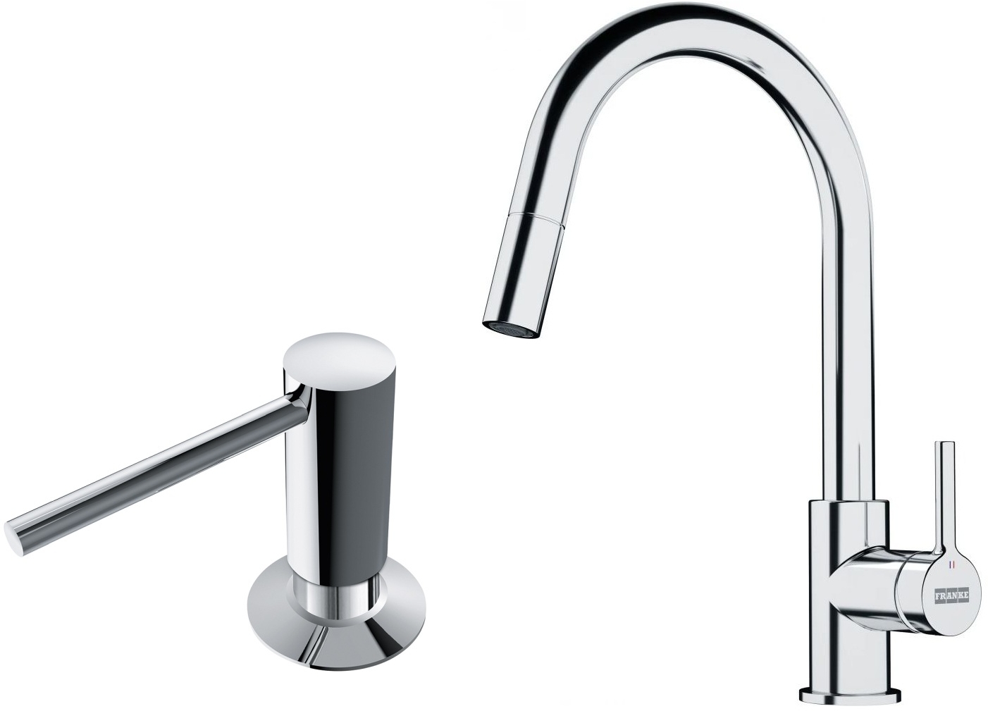 Set rubinetto da cucina Franke Lina 115.0693.229, dispenser di liquidi Franke Comfort 119.0584.065