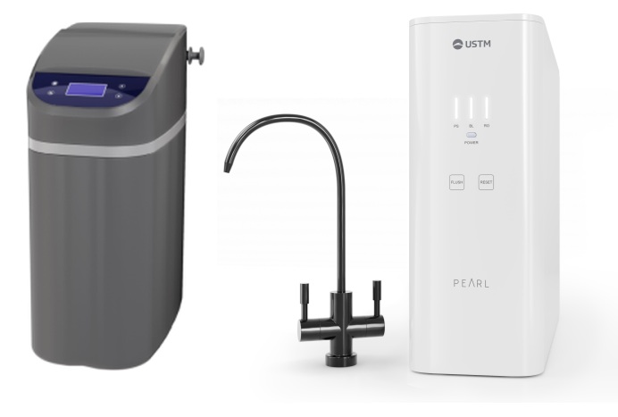 Set impianto di trattamento delle acque USTM Grey WS9LCDG, completo per filtrazione a osmosi inversa USTM Pearl ROPEARLBLACKSTYLE