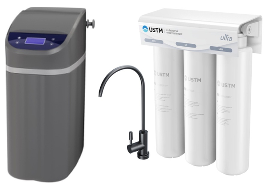 Set impianto di trattamento delle acque USTM Grey WS9LCDG, filtro sottolavello USTM Ultra ULTRABLACKSTYLE