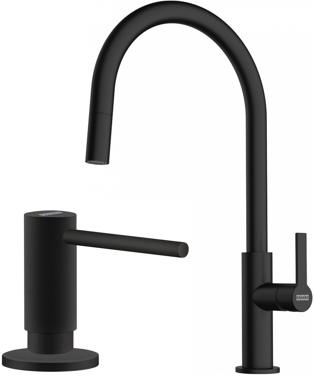 Set rubinetto da cucina Franke Maris Slim J Pull-Out 115.0728.389, dispenser di liquidi Franke Active SM 119.0547.906