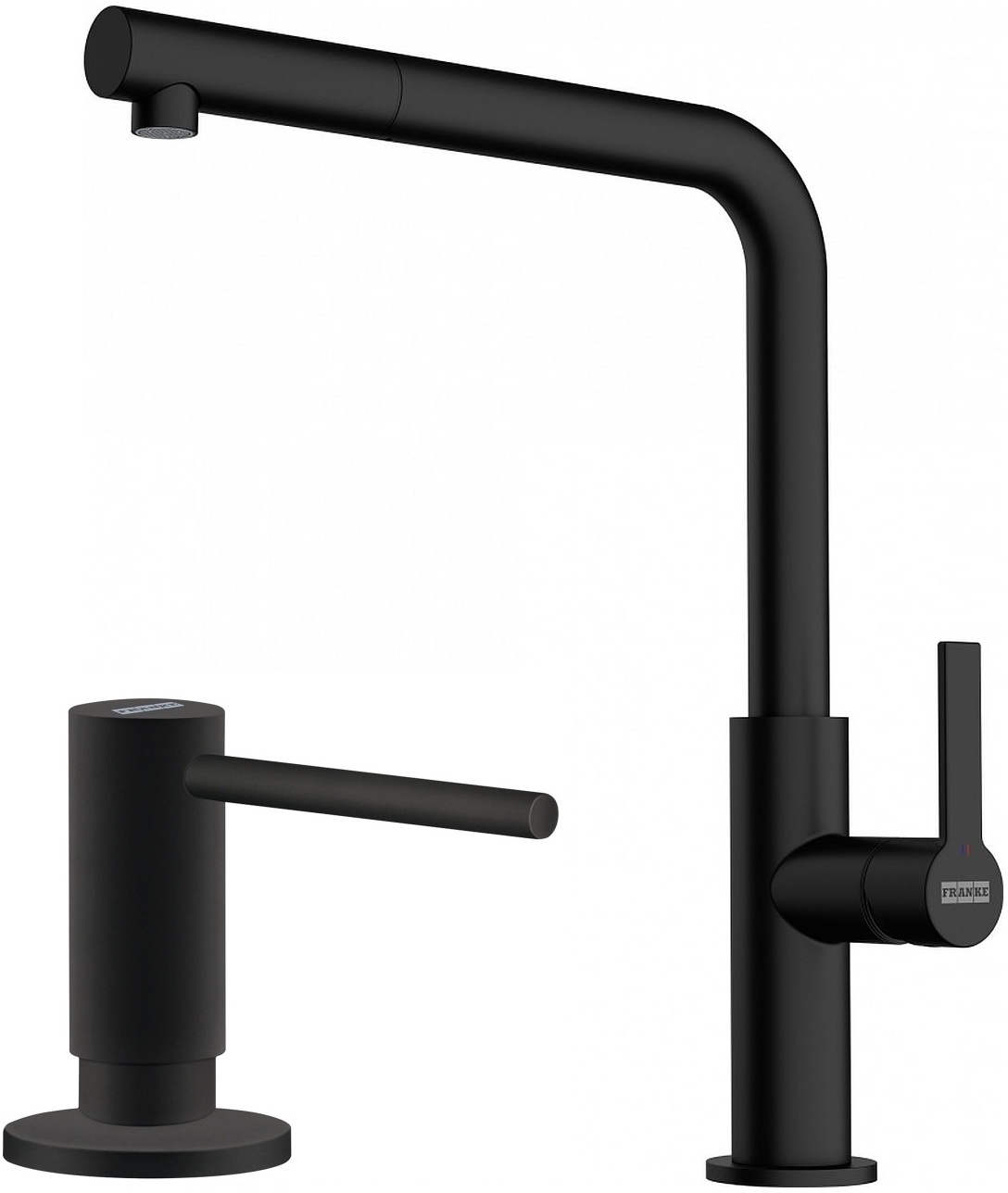 Set rubinetto da cucina Franke Maris Slim L Pull-Out 115.0728.394, dispenser di liquidi Franke Active SM 119.0547.906