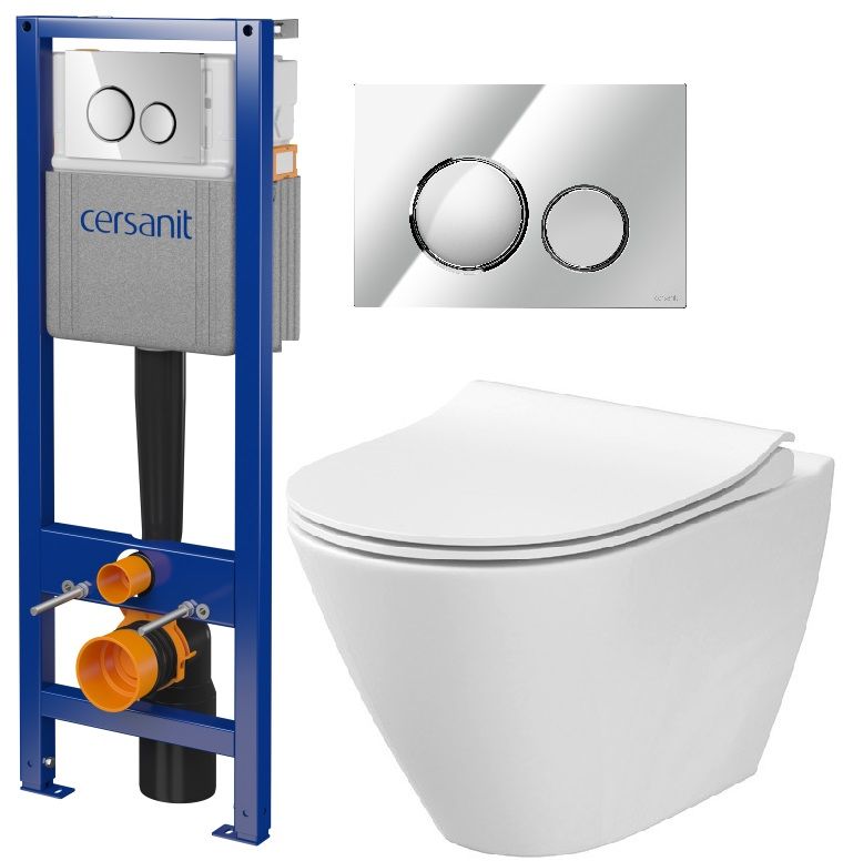 Set vaso WC con copriwater a discesa lenta Cersanit City K701-104, modulo di installazione con placca di comando Cersanit S701-778