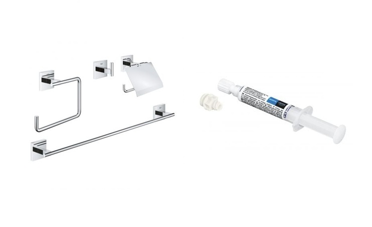 Set set di accessori 4 in 1 Grohe Start Cube 41115000, colla Grohe QuickGlue 41127000