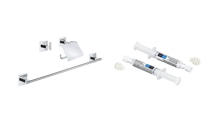 Set set di accessori 3 in 1 Grohe Start Cube 41124000, colla Grohe 41128000
