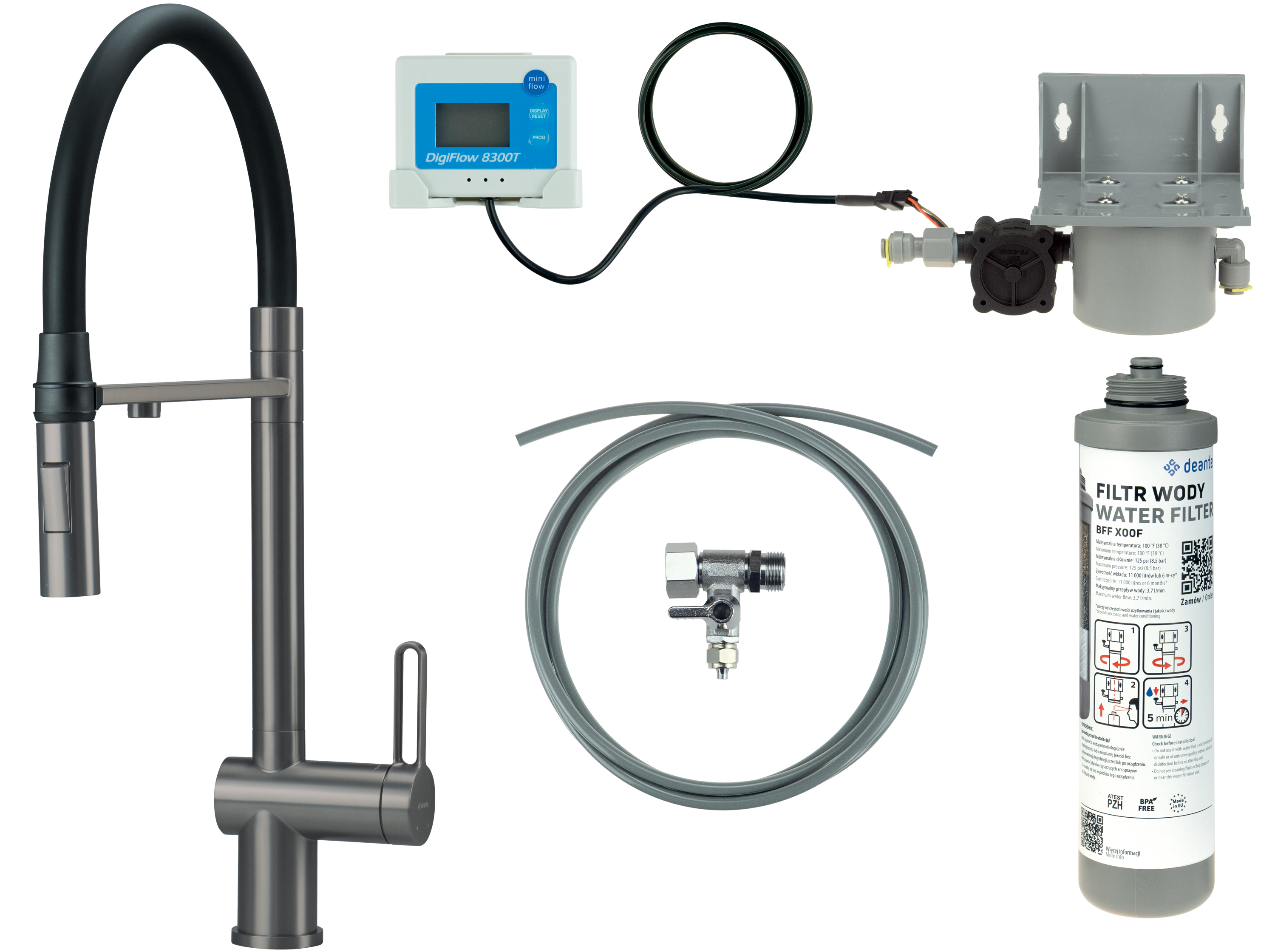 Deante Magnetic starter kit con rubinetto da cucina verticale grafite/grigio BRMFD75M