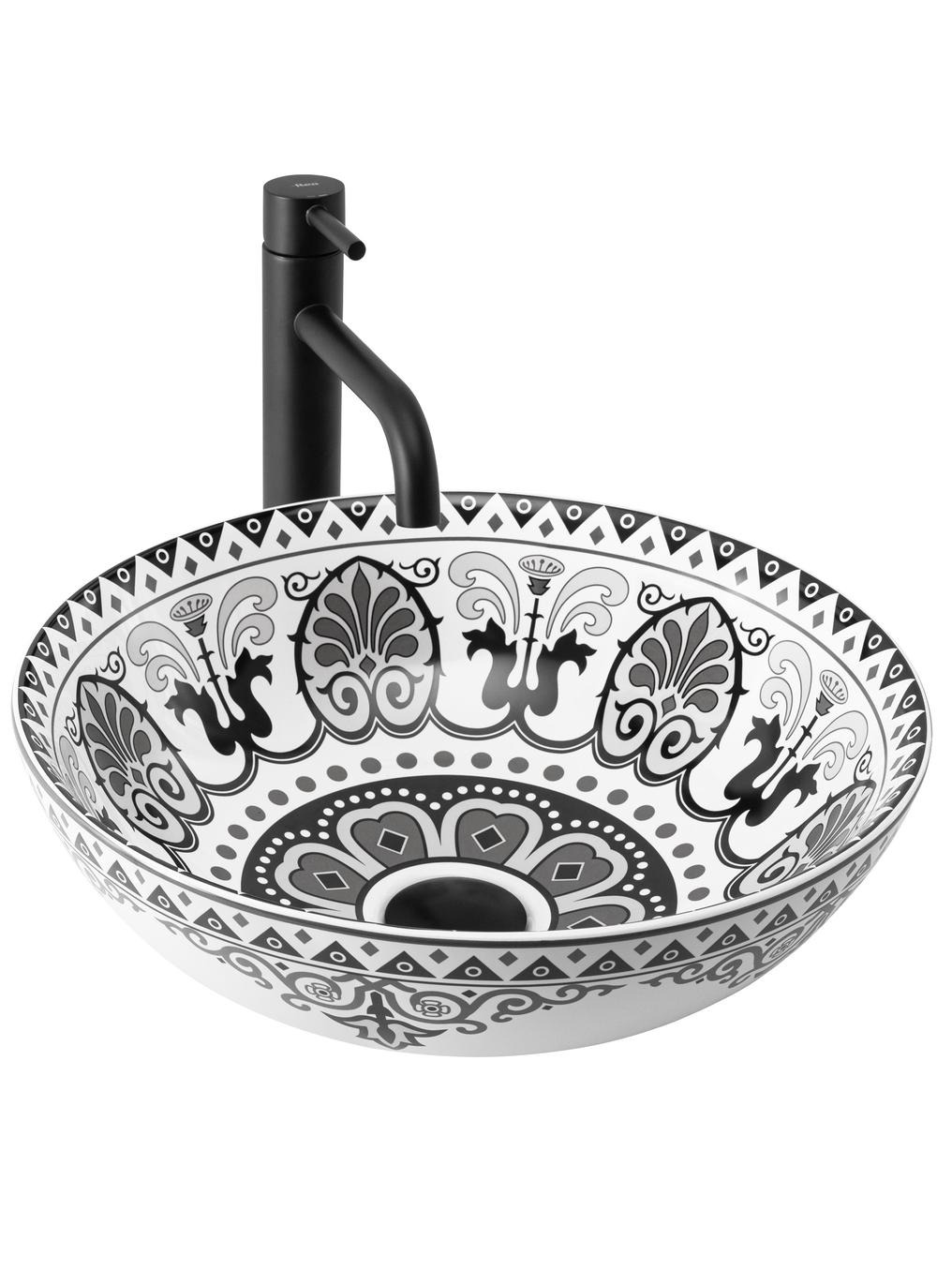 Rea Etno lavabo 40x40 cm rotonda da appoggio bianco-nero REA-U7500