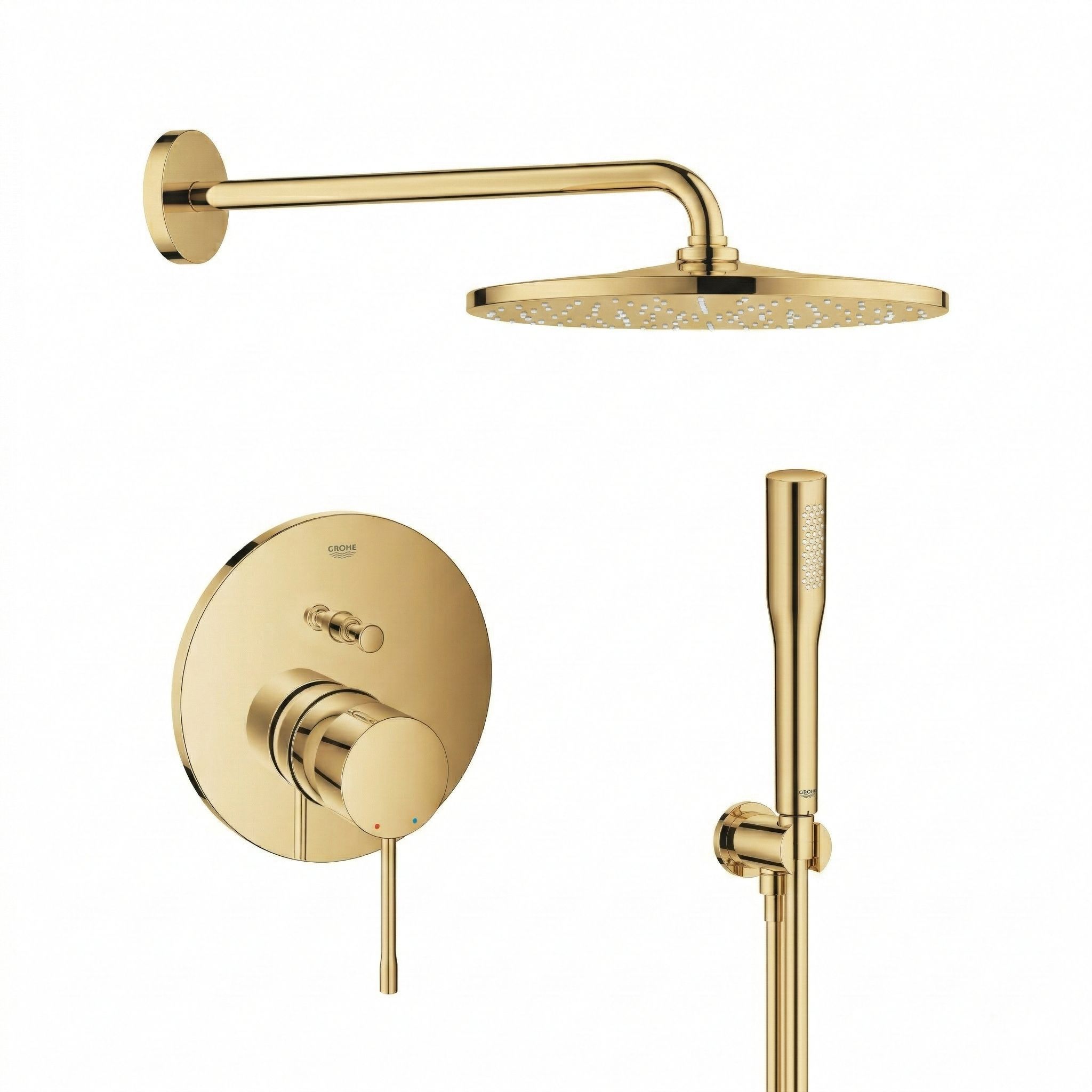 Set soffione doccia Grohe Rainshower 26066GL0, rubinetto per vasca e doccia Grohe Essence 24058GL1, 26658GL0, 27400GL0, 28362GL1