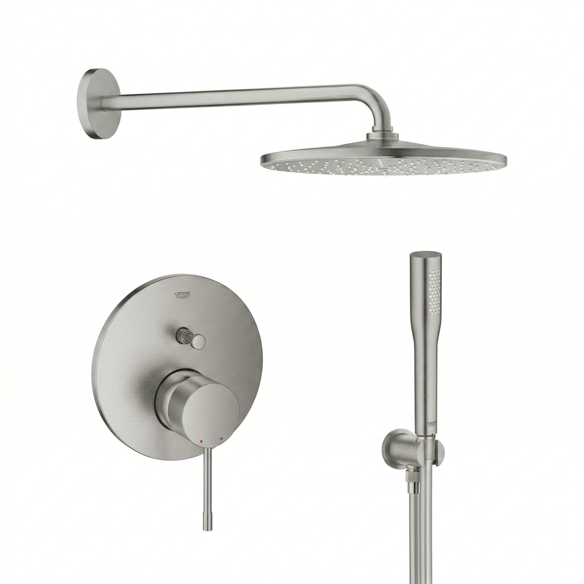Set soffione doccia con braccio Grohe Rainshower 26558DC0, rubinetto per vasca e doccia Grohe Essence 24058DC1, 26658DC0, 27400DC0, 28362DC1