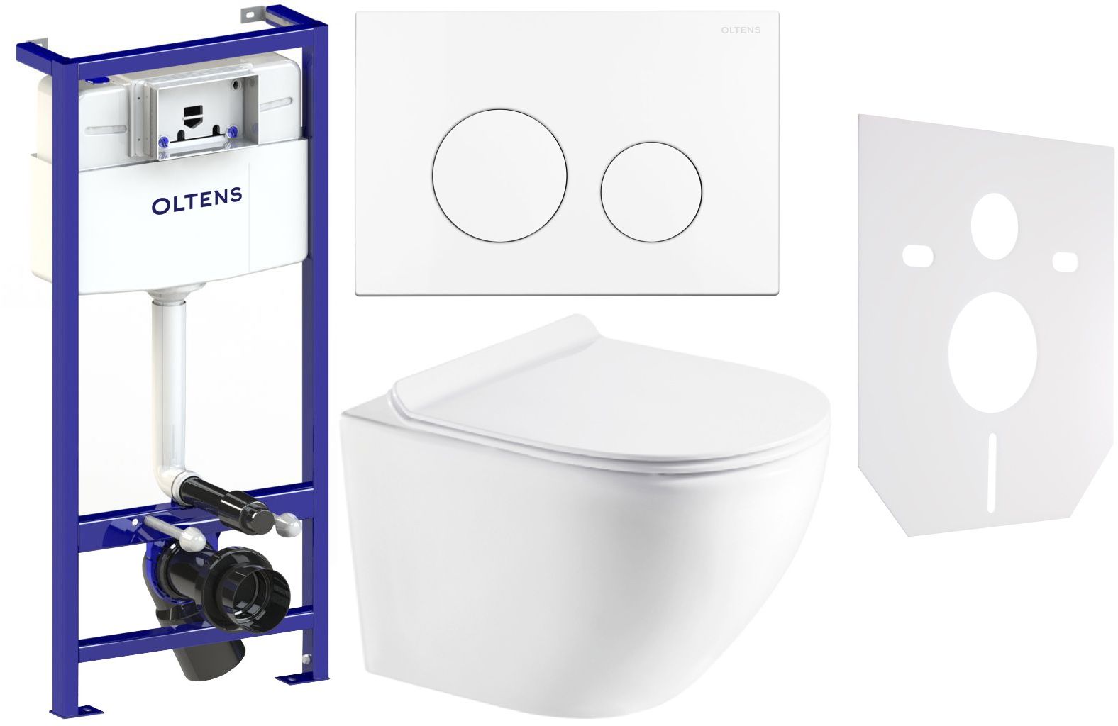 Set vaso WC con copriwater a discesa lenta Hagser Beno HGR14000042, modulo di installazione Oltens Triberg 50001000, HGR11000045, 57102000, 49301000