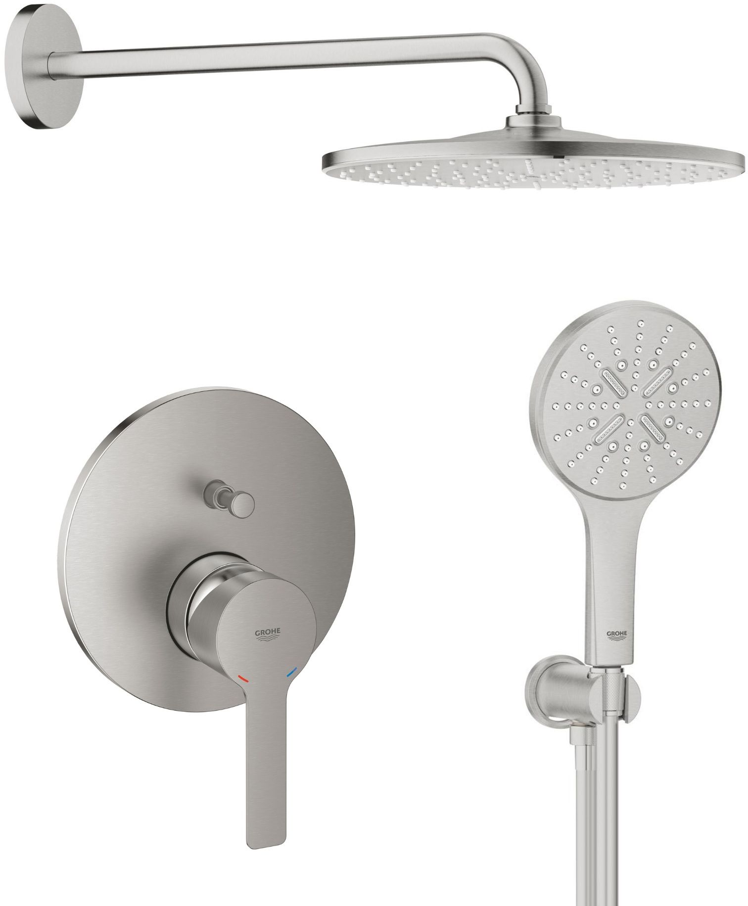 Set soffione doccia con braccio Grohe Rainshower 26558DC0, rubinetto per vasca e doccia Grohe Lineare 24064DC1, 26574DC0, 26658DC0, 28362DC1